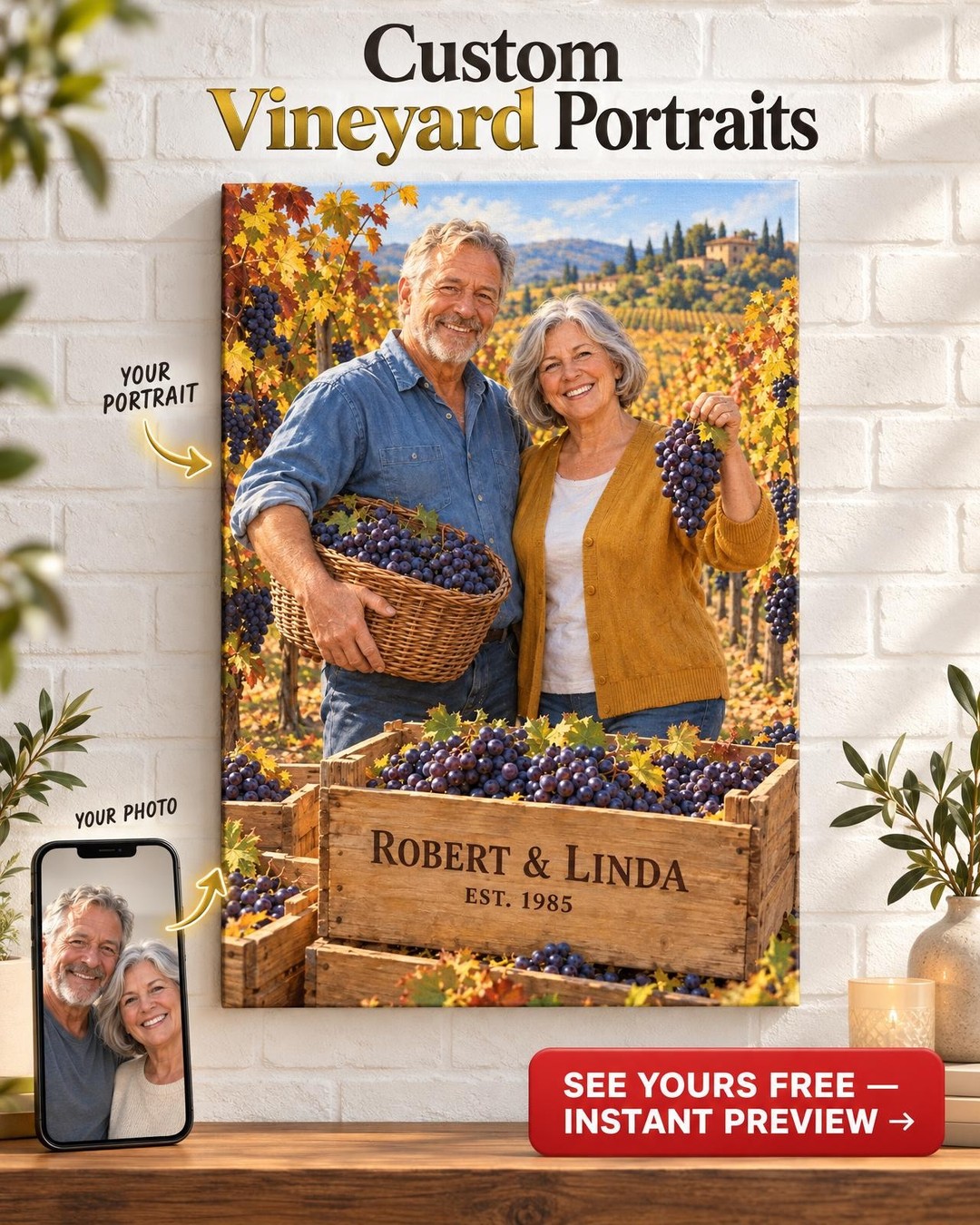 Harvest in the Vines Custom Portrait from Photo | Personalized Vineyard Romance Gift