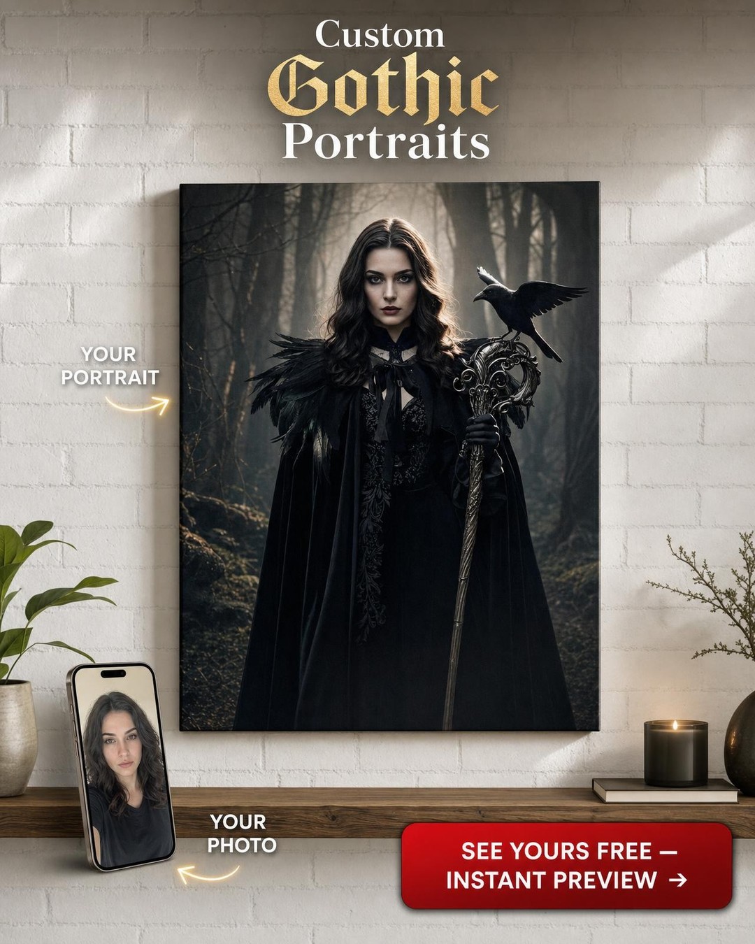 Custom Fantasy Woman Portrait — Heroic Cloak & Crow Canvas