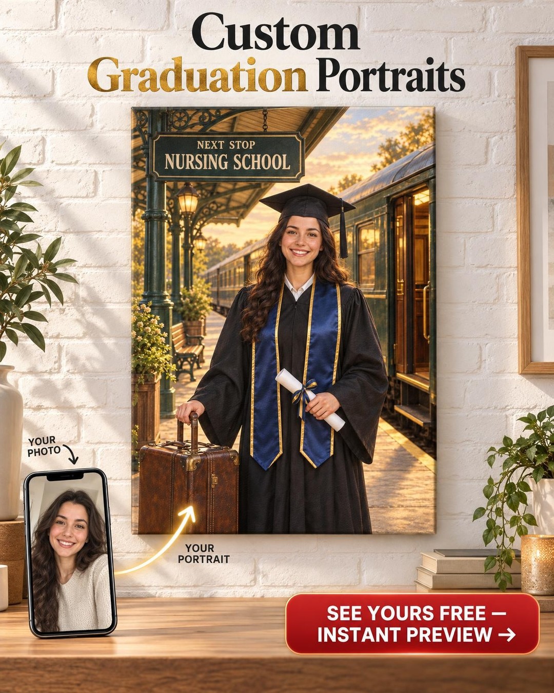 Next Stop Graduation Custom Portrait from Photo | Personalized Graduation Gift
