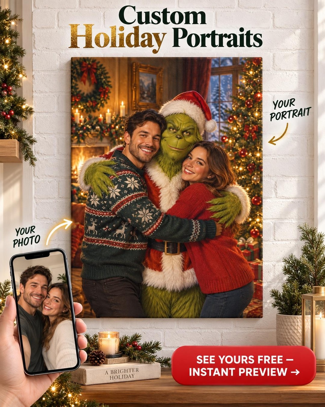 Christmas-Themed Custom Portrait from Photo | Personalized Christmas Portrait Gift