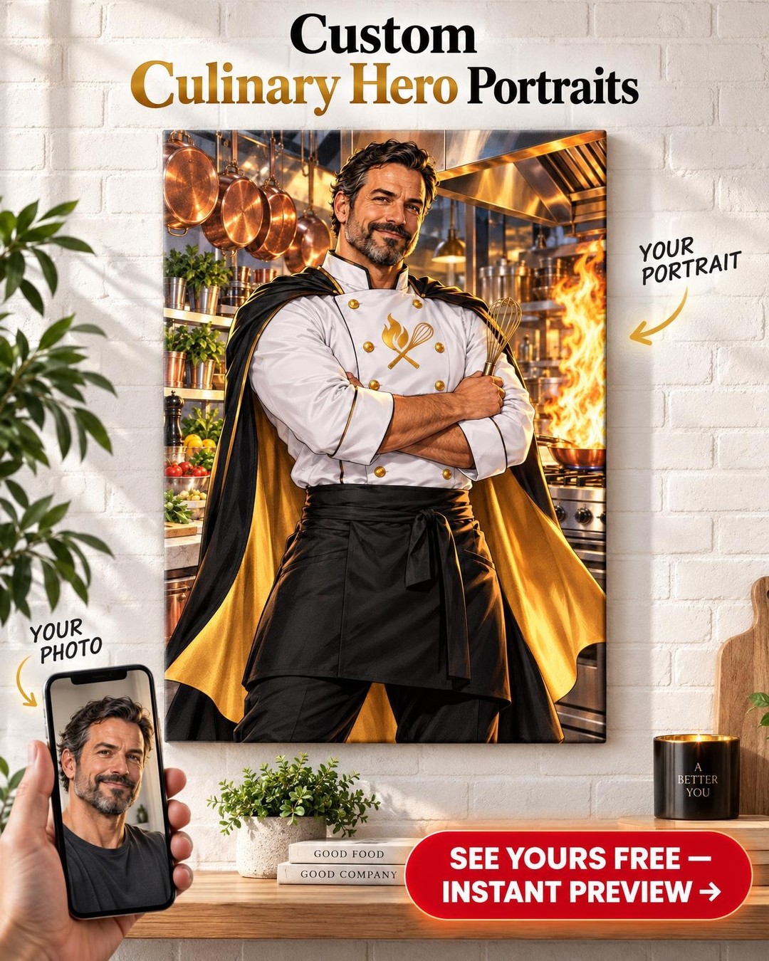 Super Chef Custom Portrait from Photo | Personalized Superhero Portrait Gift