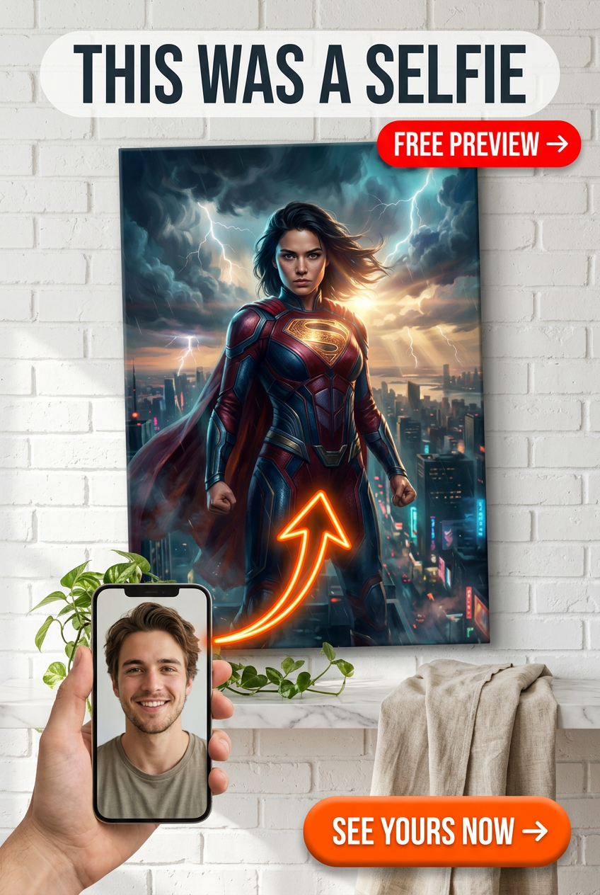 Custom Superhero Man Portrait — Heroic City Skyline Canvas
