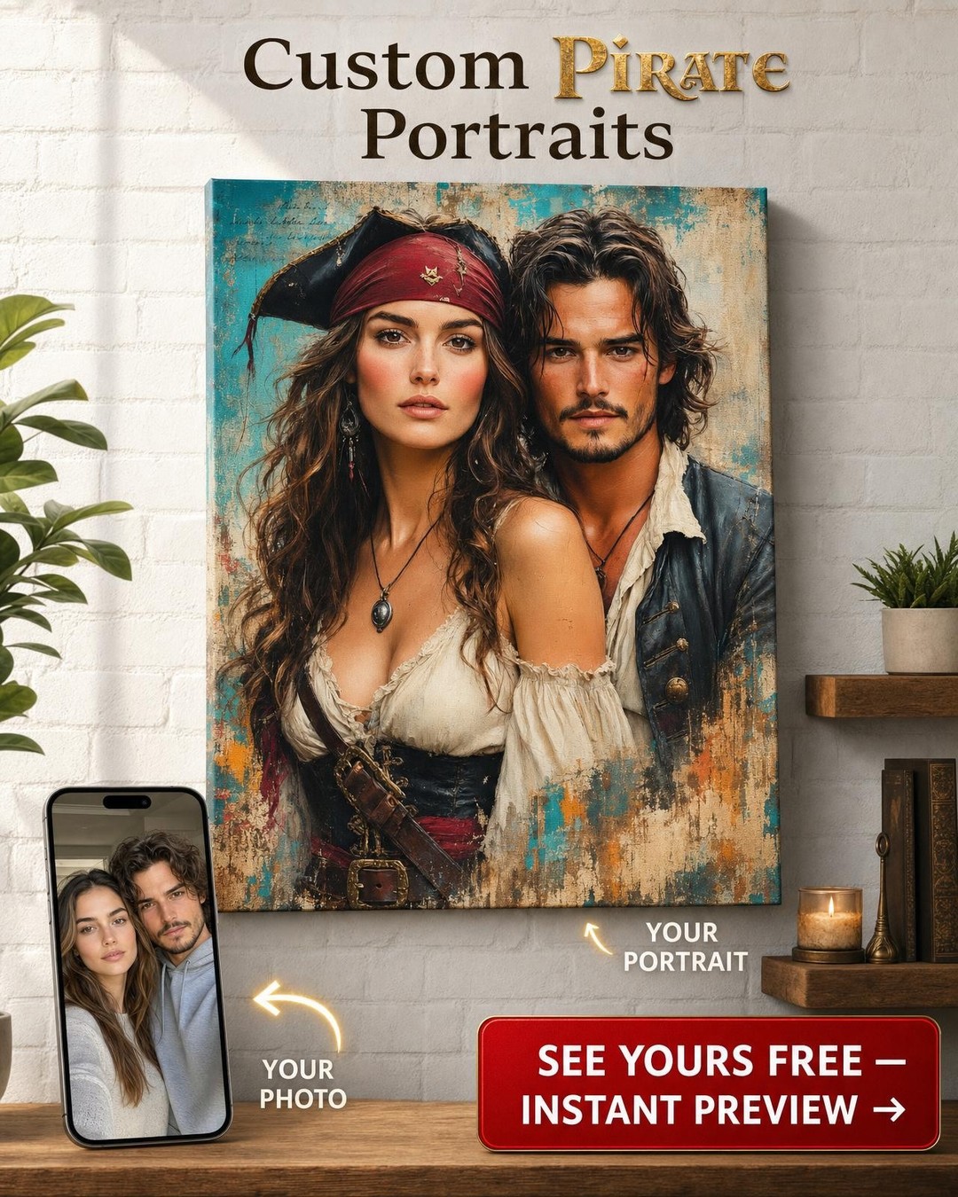 Custom Pirate Couple Portrait — Whimsical Canvas