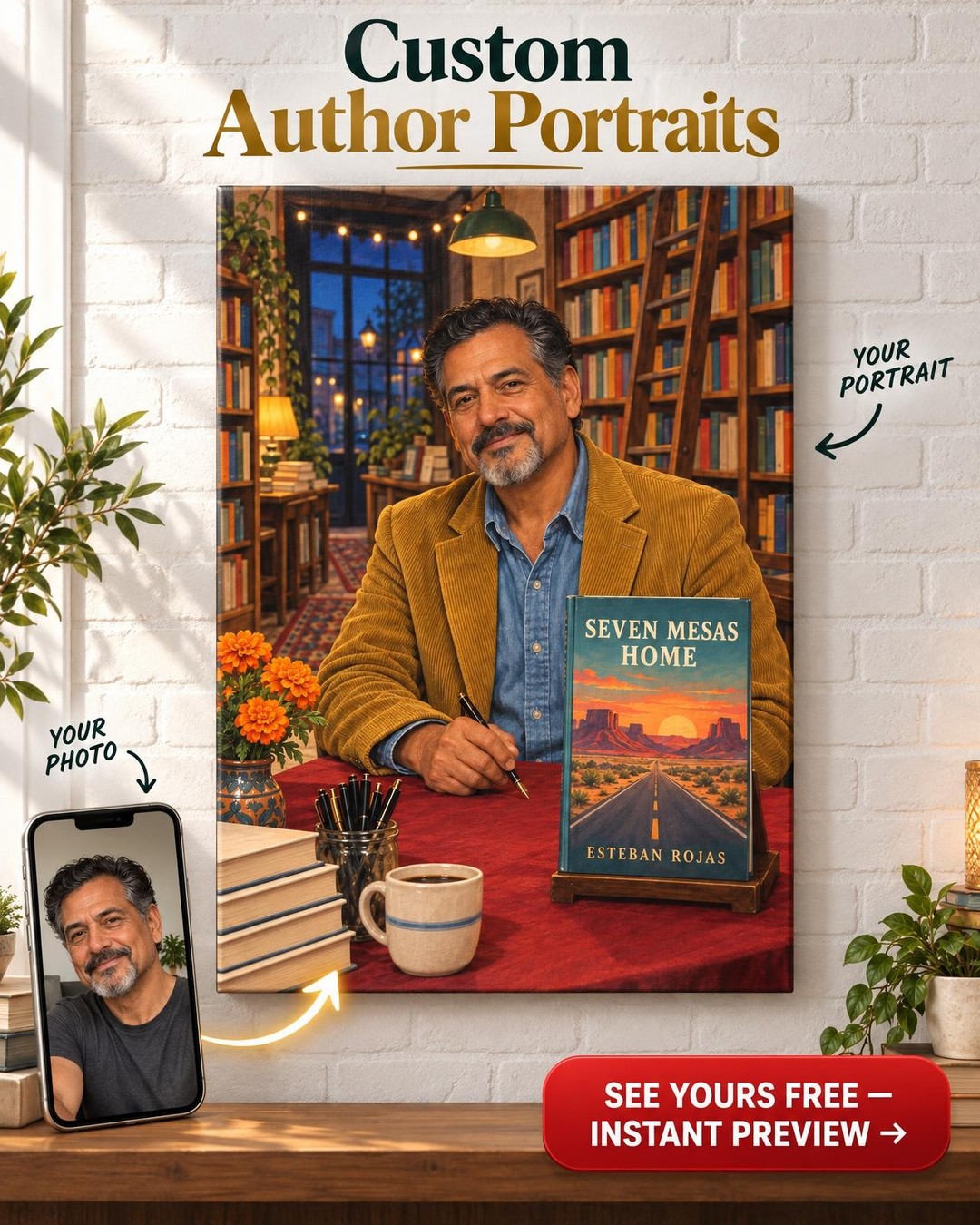 The Signing Table Custom Portrait from Photo | Personalized Author Portrait Gift