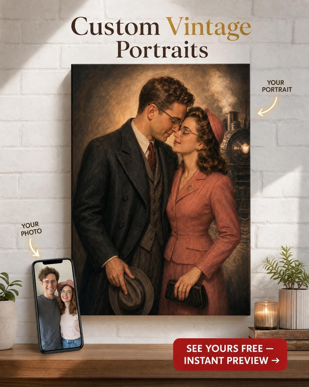 Custom 1940s Hollywood Train Station Couple Portrait from Photo | Personalized General Gift