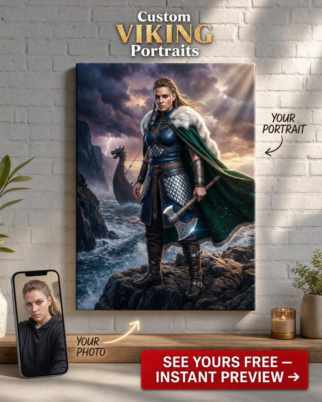 Custom Viking Woman Portrait — Heroic Warrior Canvas from Photo