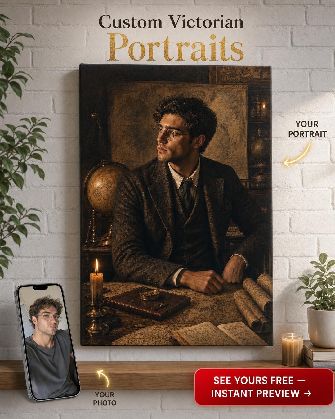 Map Room Dark Academia Custom Portrait from Photo | Personalized Canvas Gift