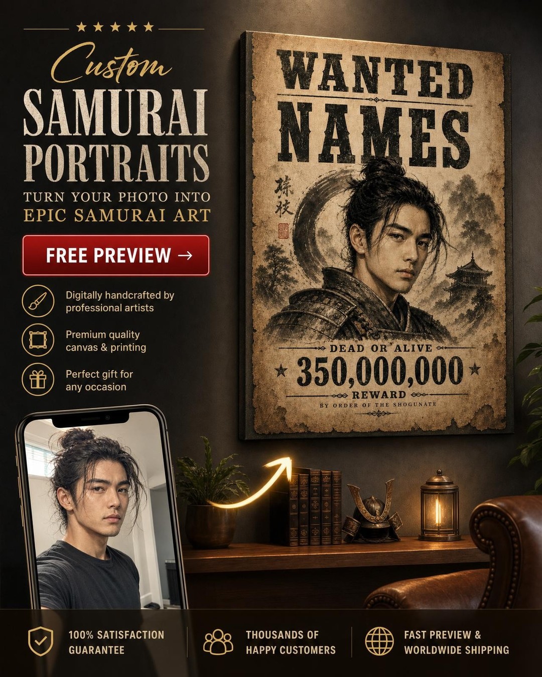 Samurai Bounty Wanted Poster Custom Portrait | Premium Canvas Portraits