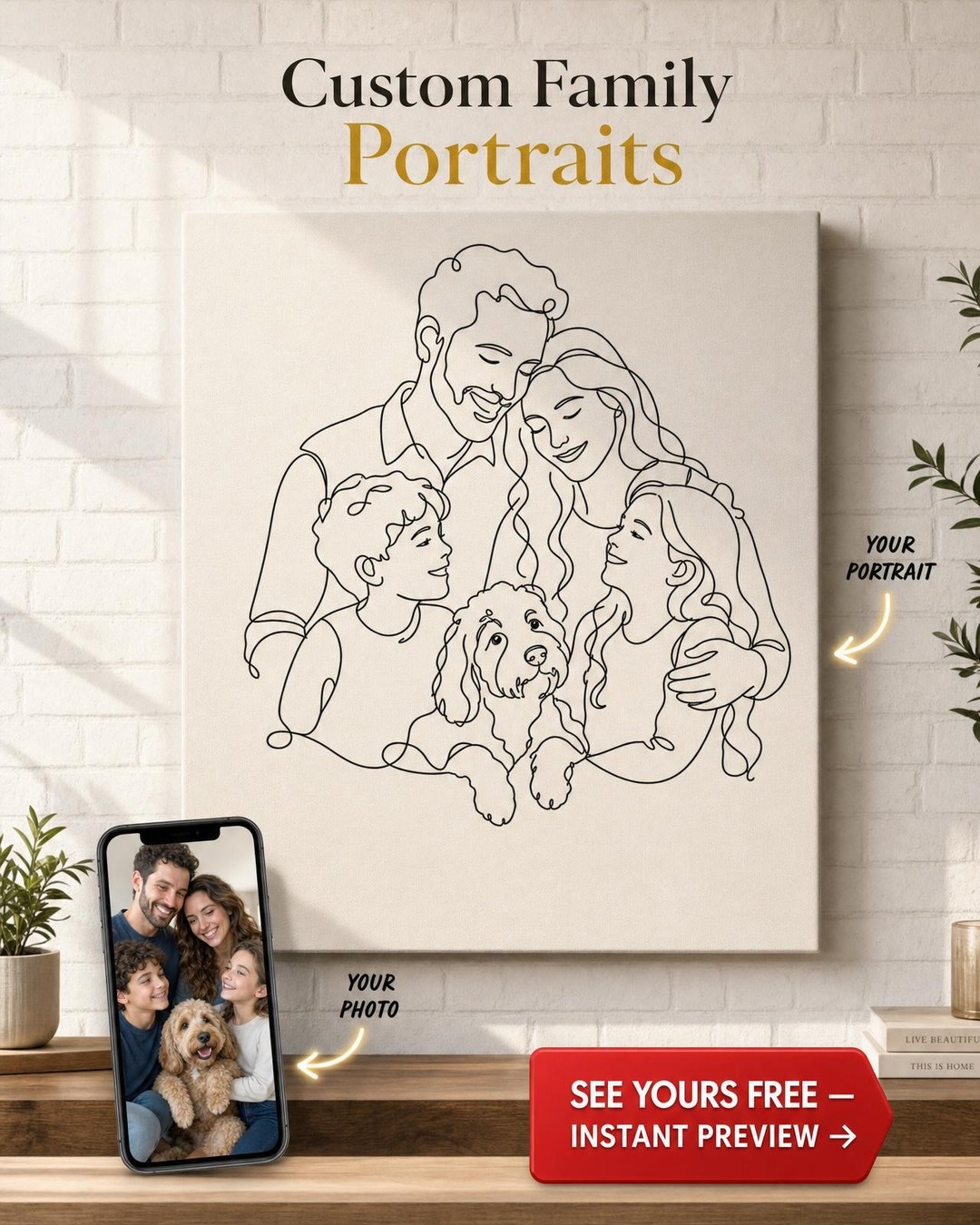 Custom Line Drawing Family Portrait — Whimsical Art from Photo
