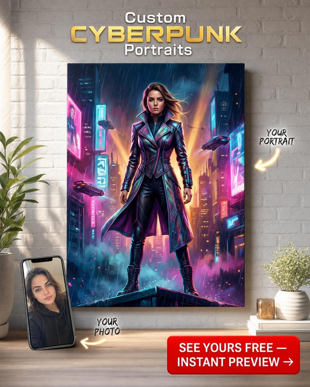 Custom Cyberpunk Man Portrait — Neon Heroic Canvas for Woman