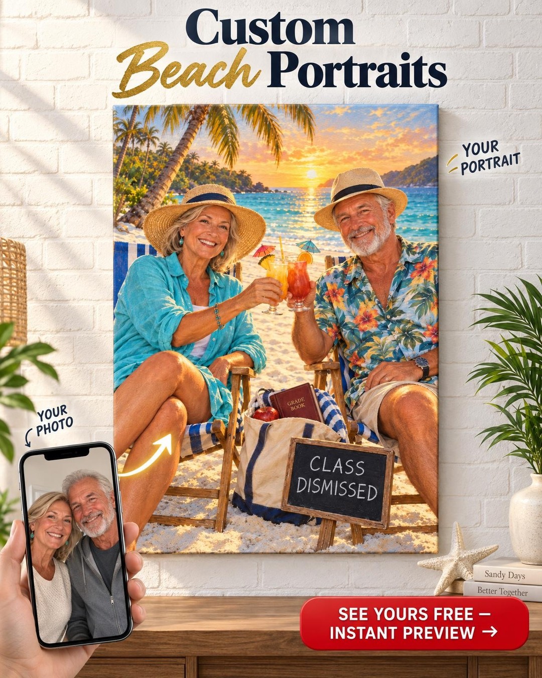 Class Dismissed Teacher Retirement Couple Portrait from Photo | Personalized Gift