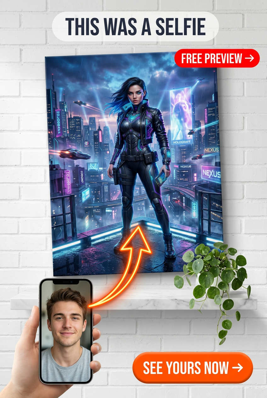 Custom Cyberpunk Single Man Portrait — Heroic Neon Canvas for Woman
