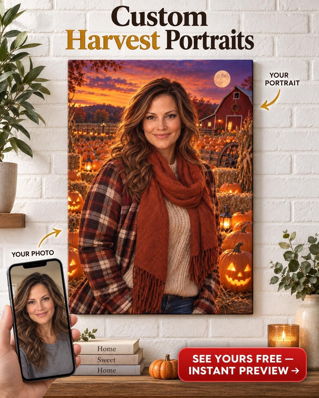 Pumpkin Patch at Dusk Custom Portrait from Photo | Personalized Gift for Her