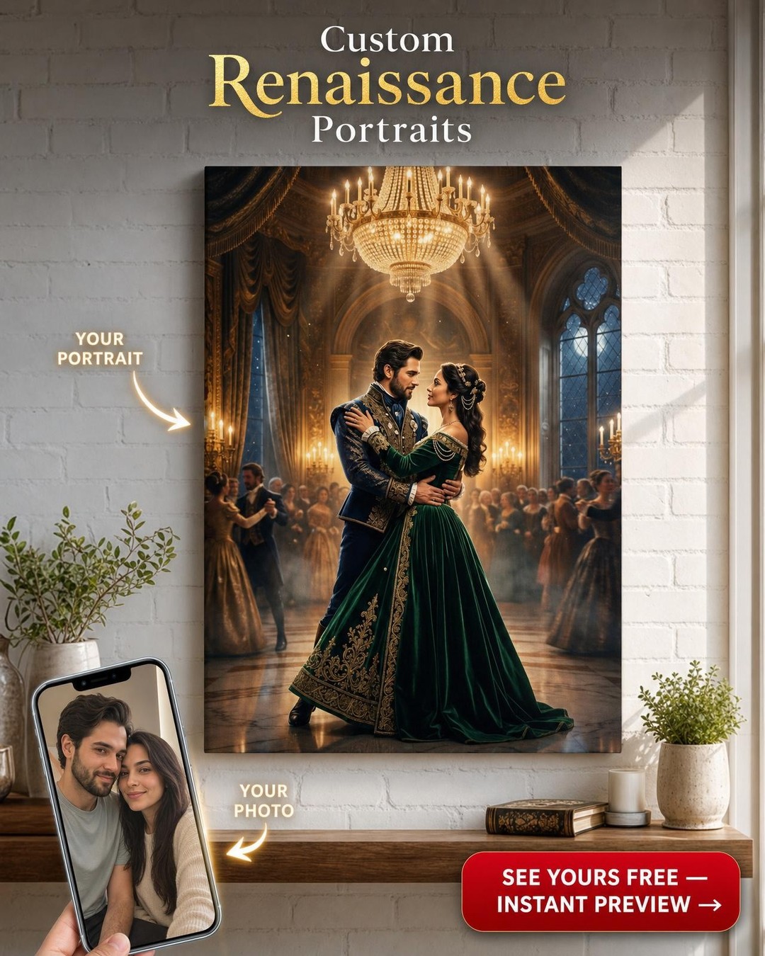 Custom Royal Couple Portrait — Romantic Ballroom Canvas