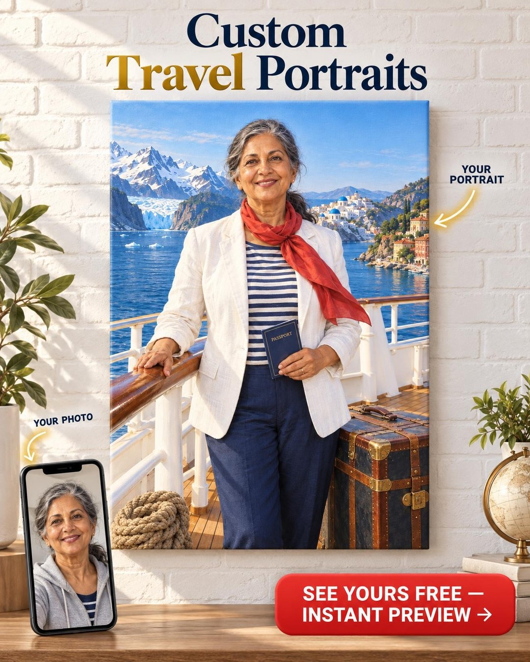 Cruise Travel Custom Portrait from Photo | Personalized Solo Travel Gift