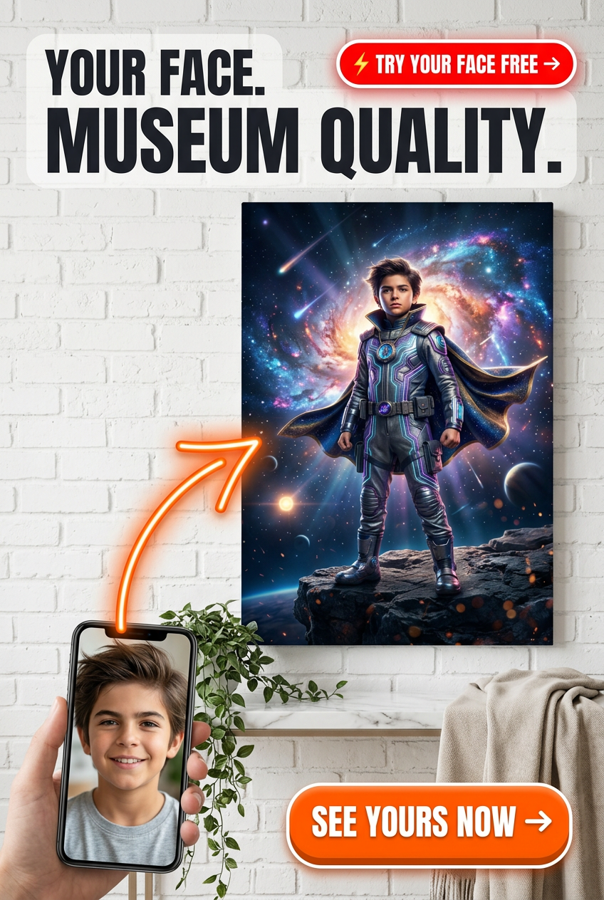 Custom Superhero Boy Portrait — Heroic Space Canvas from Photo