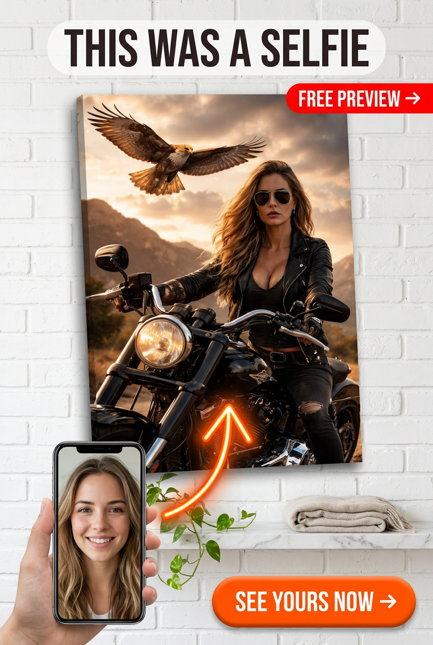 Custom Sunset Woman Portrait — Heroic Motorcycle Canvas from Photo