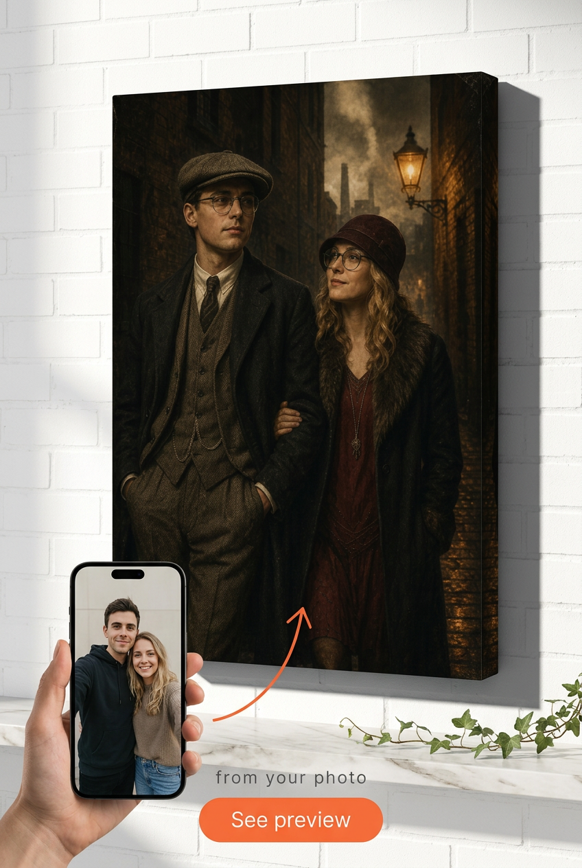 Custom 1920s Brick Alley Couple Portrait from Photo | Personalized Undefined Gift