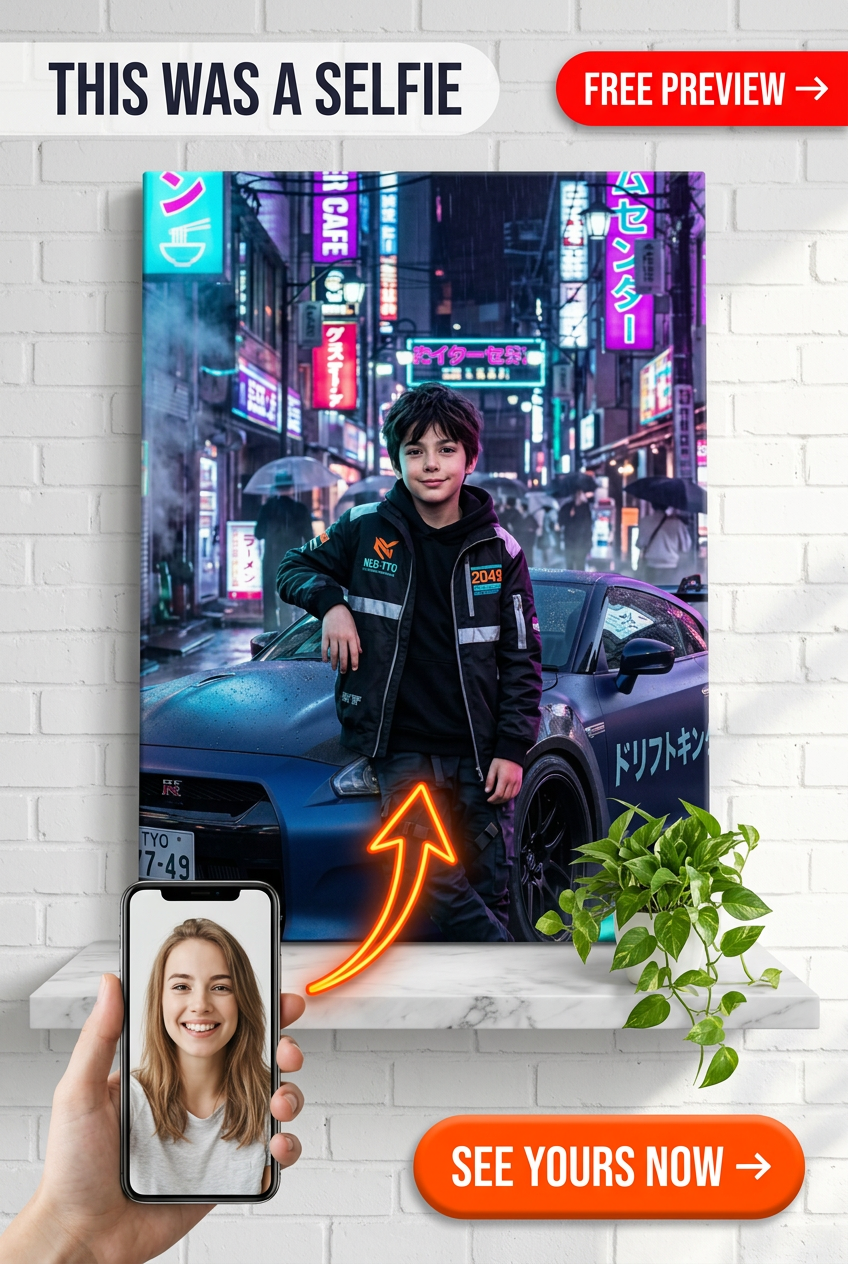 Custom Kids Cars Portrait — Neon Urban Whimsy from Photo (58 chars)