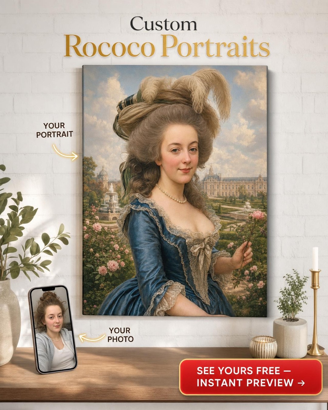 Custom Baroque Woman Portrait — Regal Garden Canvas from Photo