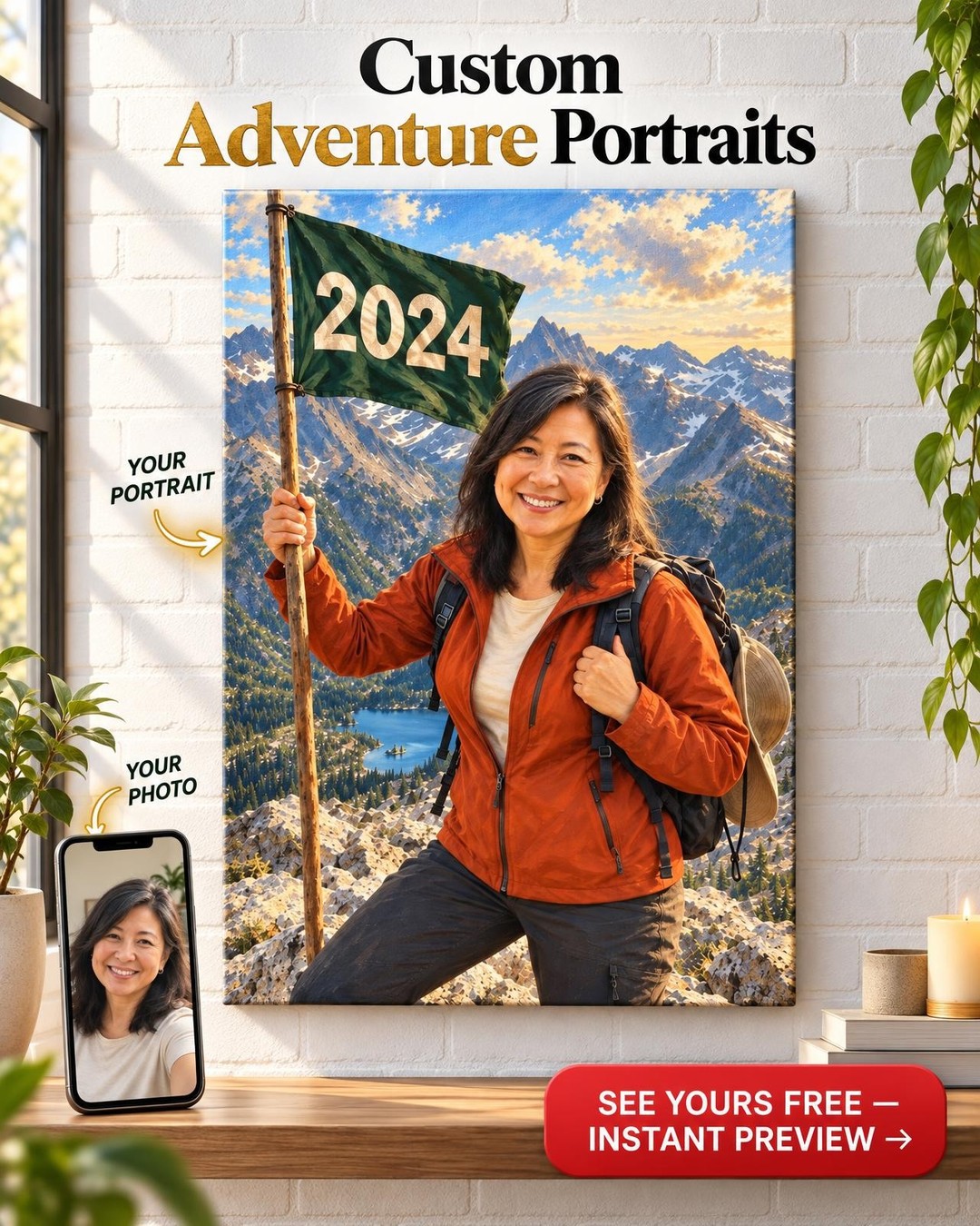 Her Own Mountain Custom Portrait from Photo | Personalized Summit Portrait Gift
