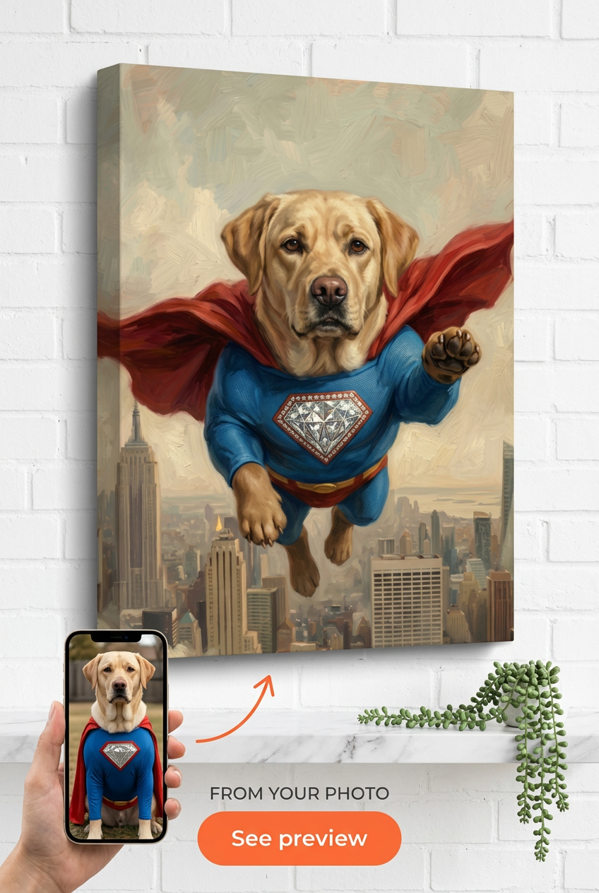 Custom Superhero Dog Portrait — Heroic Pet Canvas from Photo