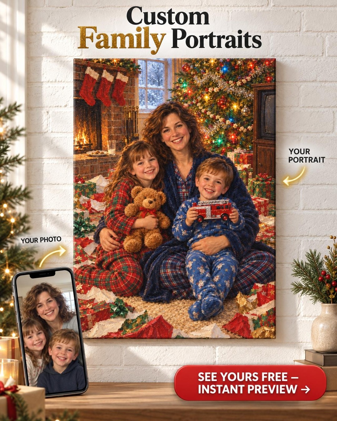 Christmas Morning, Back Then Custom Portrait from Old Photo | Personalized Gift for Mom or Dad