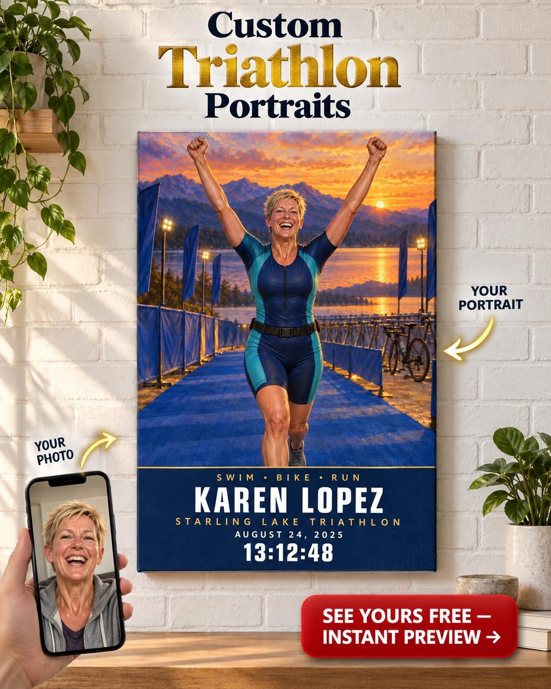 Triathlon Finisher Poster for Her from Photo | Personalized Finisher Portrait Gift