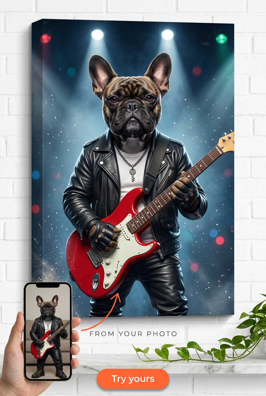 Ritratto personalizzato Rockstar Bulldog Francese da foto | Regalo personalizzato per animali