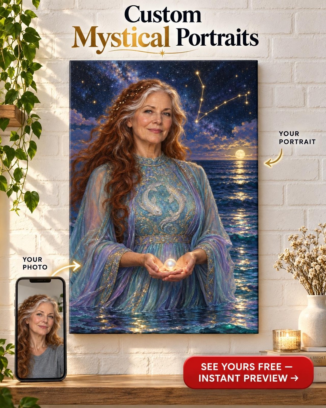Pisces Zodiac Custom Portrait from Photo | Personalized Zodiac Portrait Gift