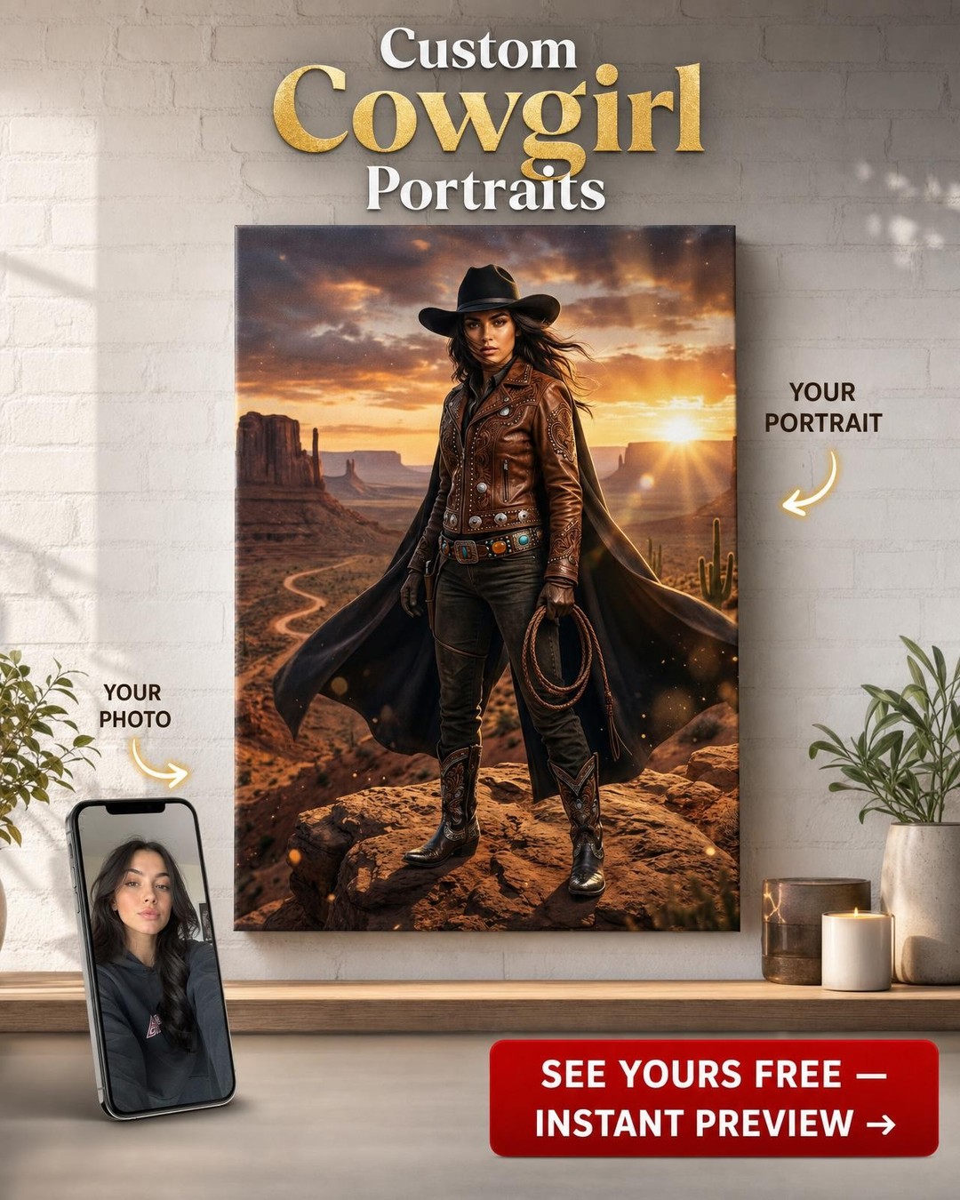 Heroic Cowboy Woman Portrait Canvas - Custom Art