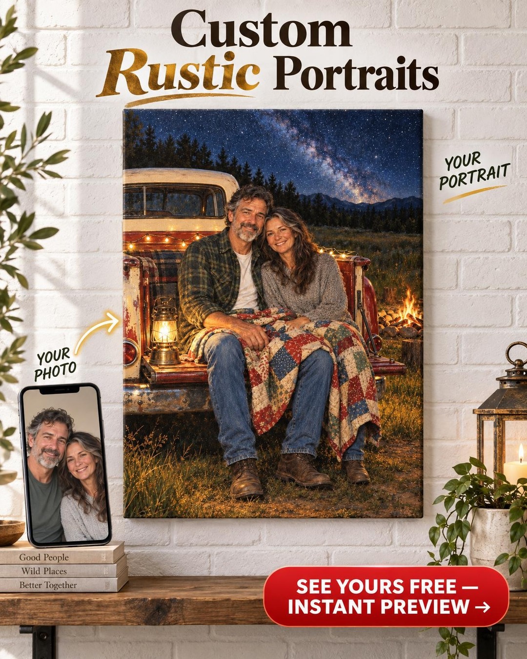 Stargazing Pickup Truck Couple Custom Portrait from Photo | Personalized Pickup Truck Gift