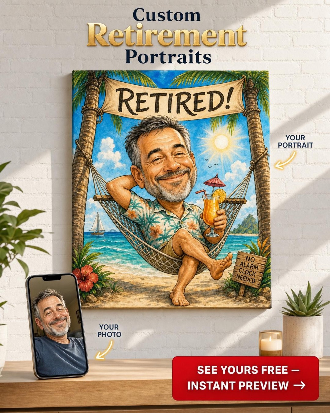 Custom Beach Retirement Caricature Portrait