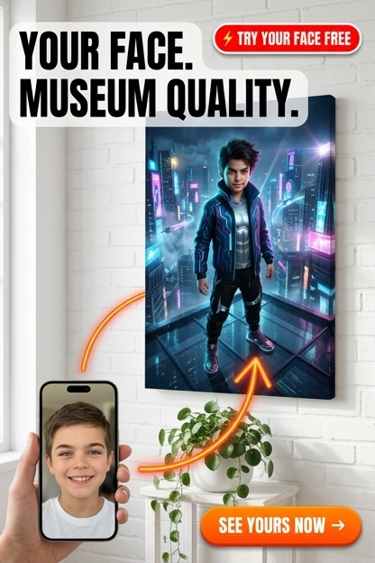 Custom Cyberpunk Boy Portrait — Neon Cityscape Canvas Art