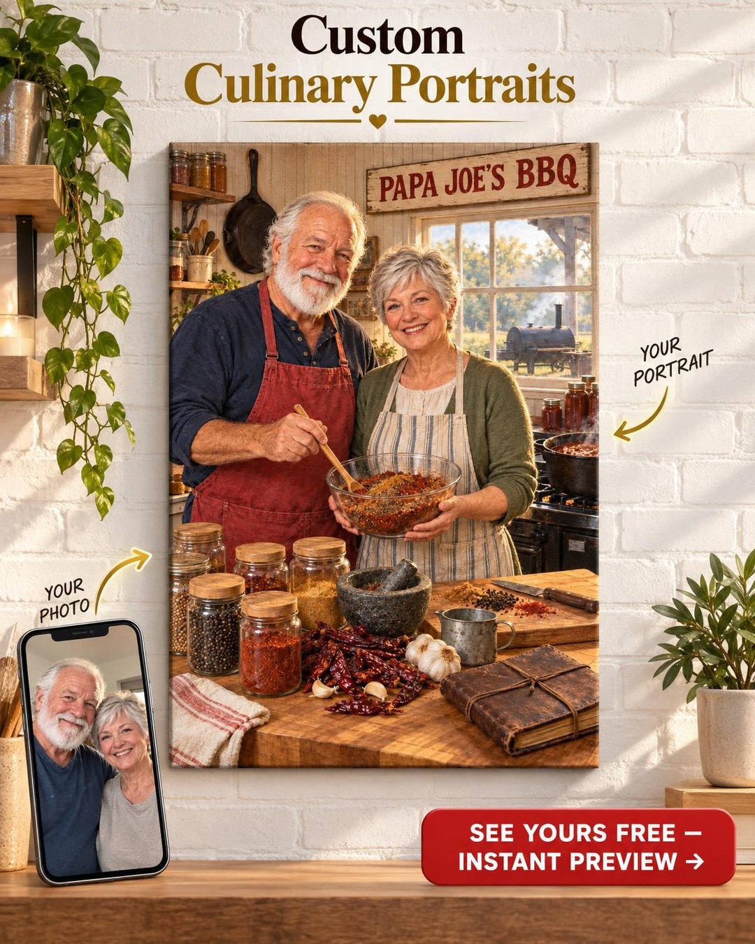 Secret Recipe Kitchen Couple Custom Portrait from Photo | Personalized BBQ Pitmaster Gift