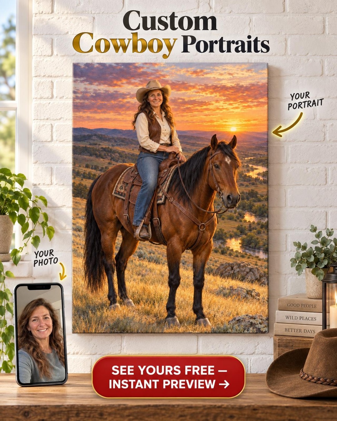 Cowgirl and Her Horse at Sunset Custom Portrait from Photo | Personalized Horse and Rider Gift