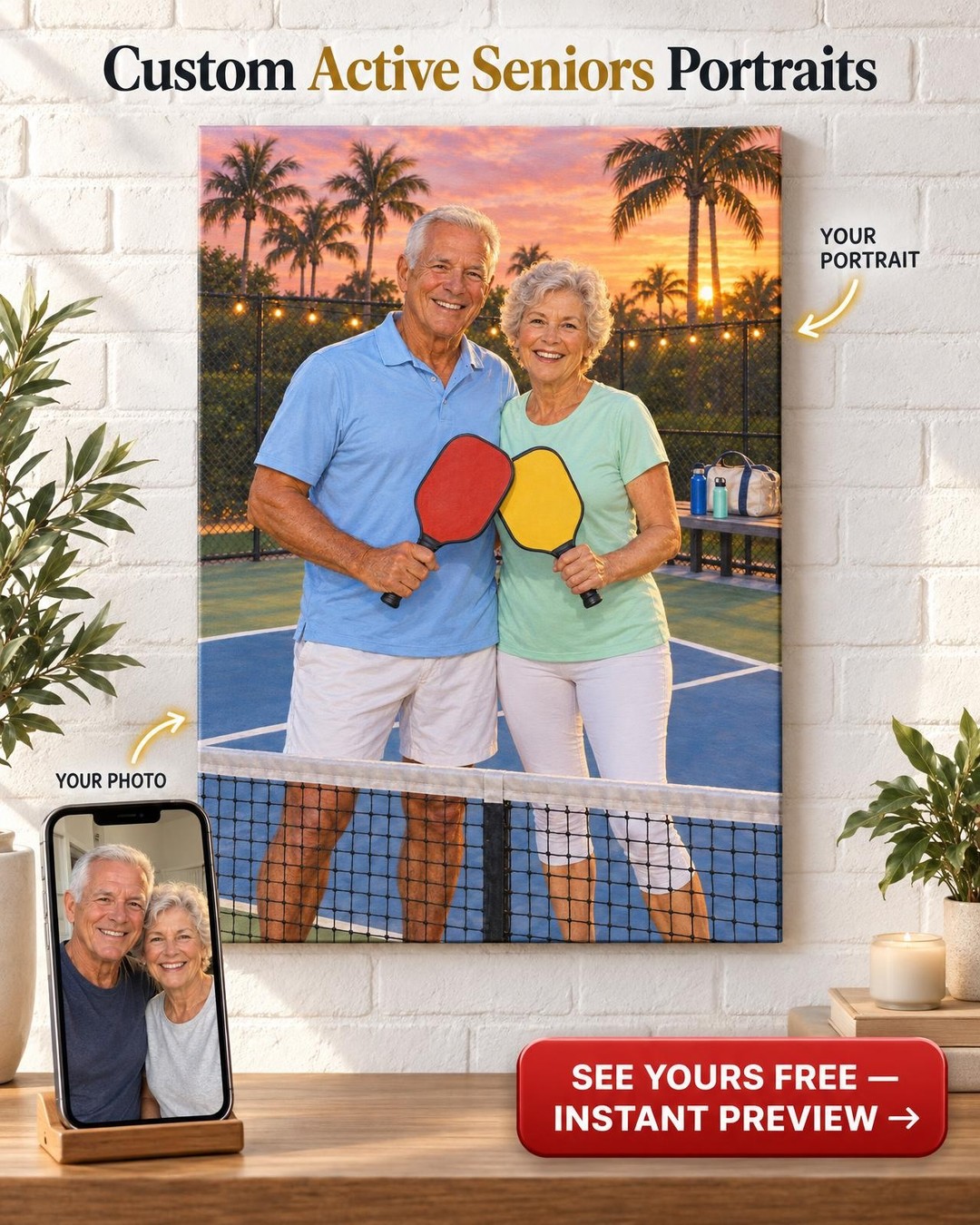 Sunset Paddle Tap Pickleball Couple Custom Portrait from Photo | Personalized Pickleball Gift