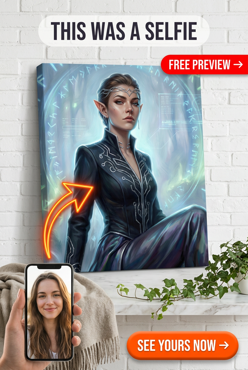 Custom Fantasy Woman Portrait — Whimsical Elf Hacker Canvas from Photo