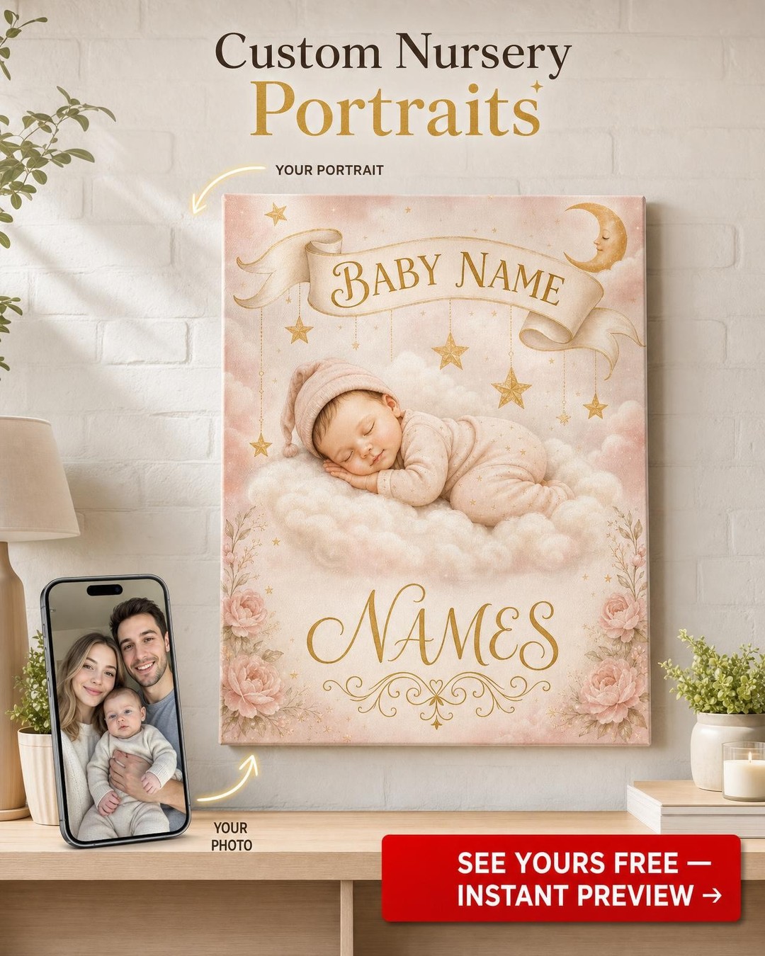 Personalized Nursery Wall Art with Name — AI-regenerated portrait personalized w