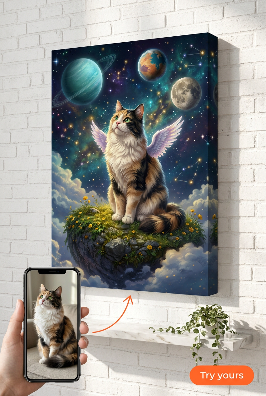Majestätisches Calico-Katzen-Engelsflügel-Porträt nach Foto | Personalisierte Haustiergeschenk