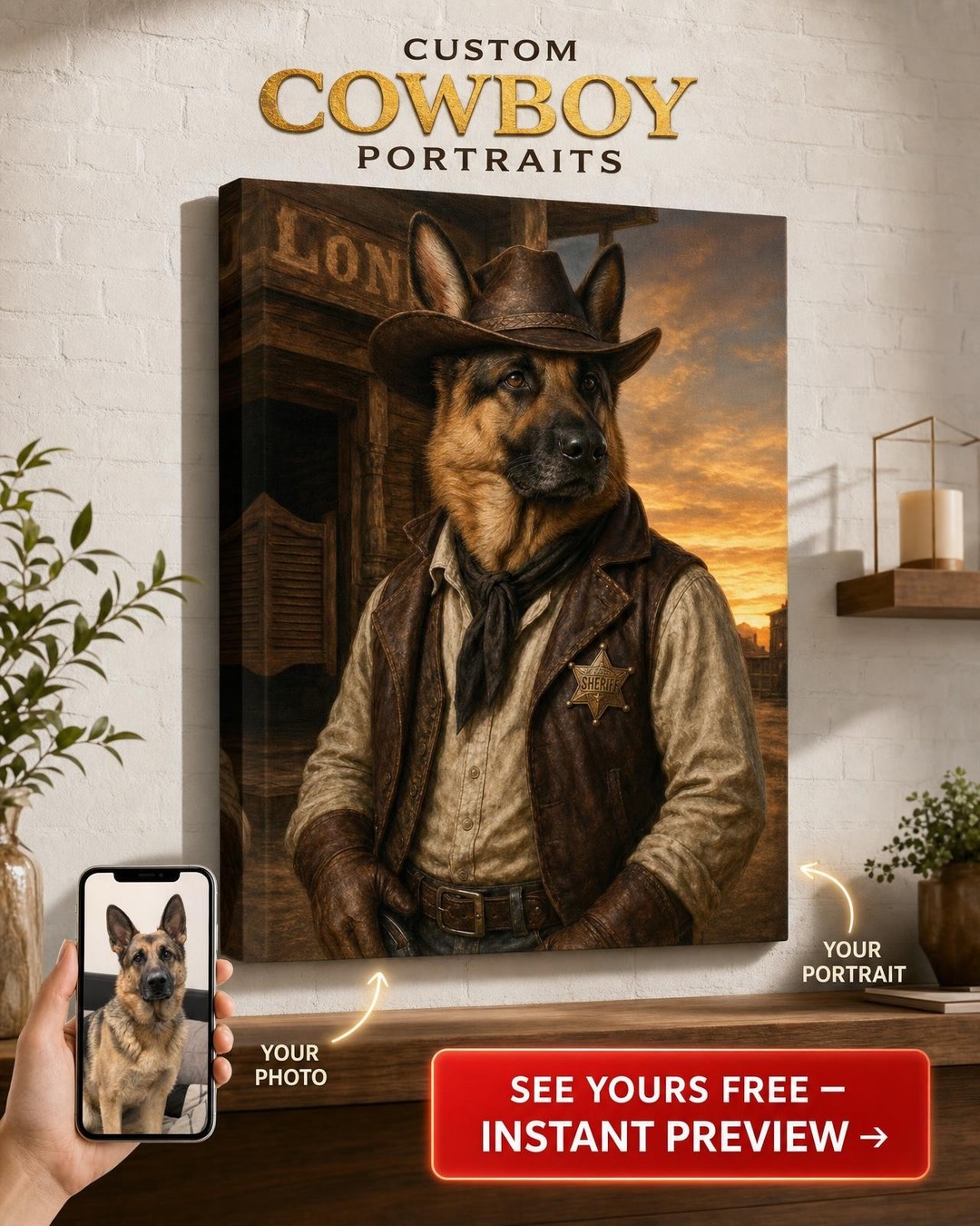 Custom Cowboy Dog Portrait – Western Canvas Art