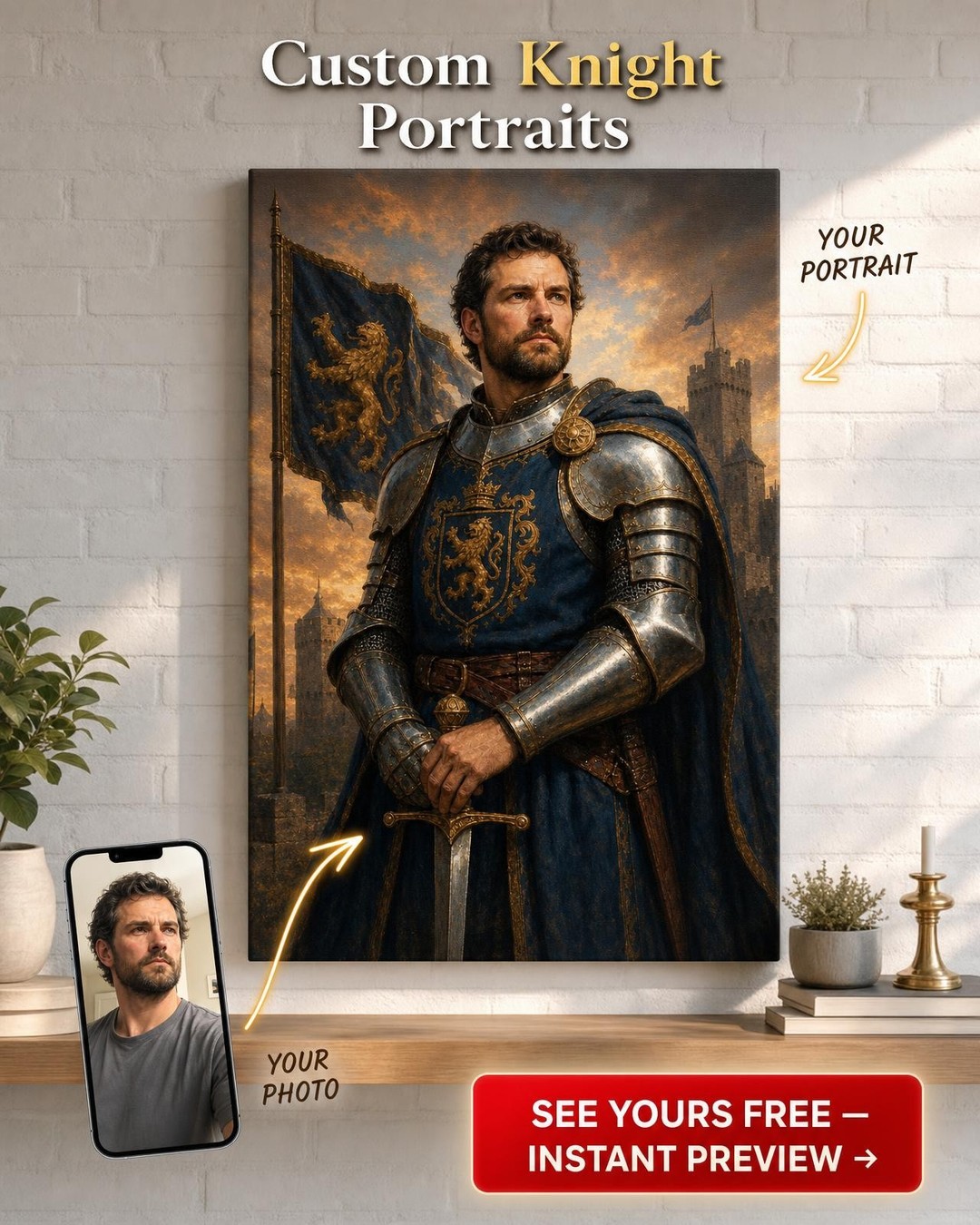 Knight in Shining Armor Custom Portrait from Photo | Personalized For Him Gift