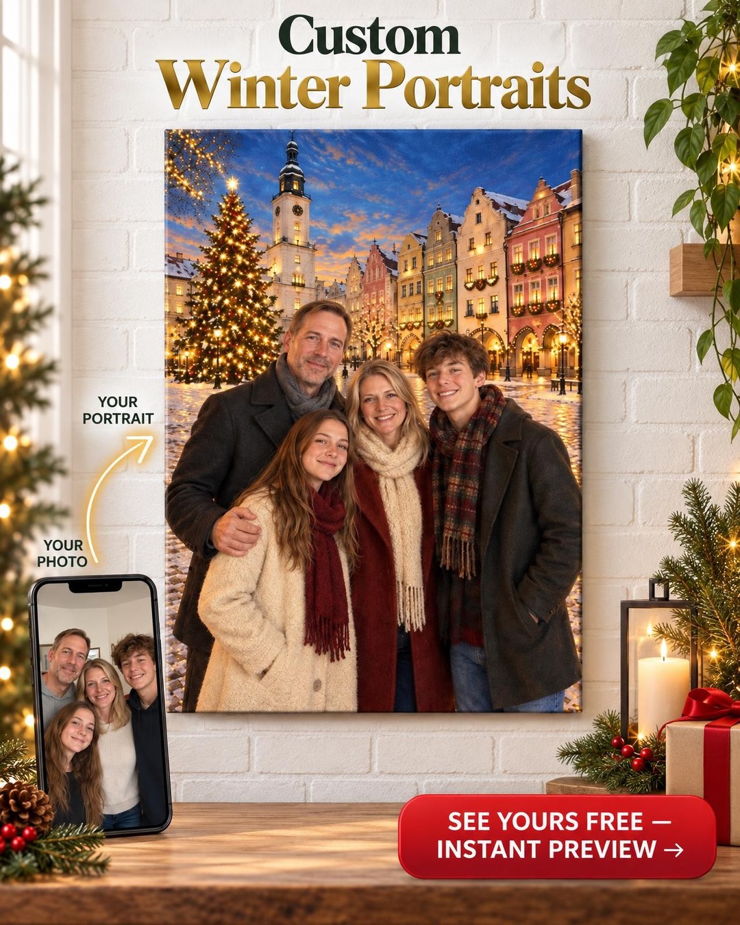 Christmas Back Home Custom Family Portrait from Photo | Hometown Christmas Gift