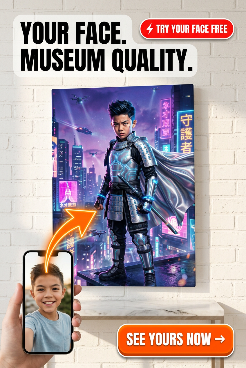Custom Samurai Boy Portrait — Heroic Neon Cityscape Canvas