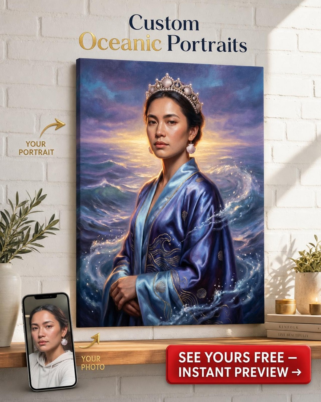 Custom Royal Woman Portrait — Regal Crown Canvas Art from Photo