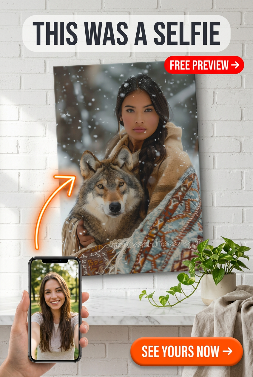 Custom Fantasy Woman Portrait — Serene Wolf & Snow Canvas