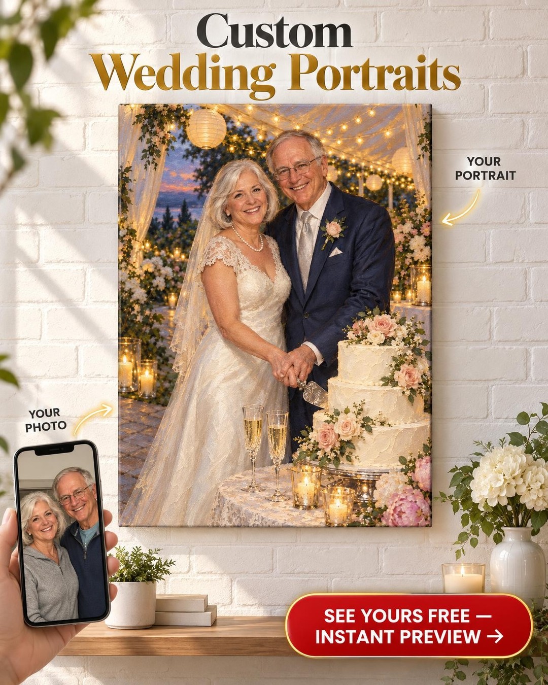 Cutting the Cake Wedding Custom Portrait from Photo | Personalized Wedding Memory Gift