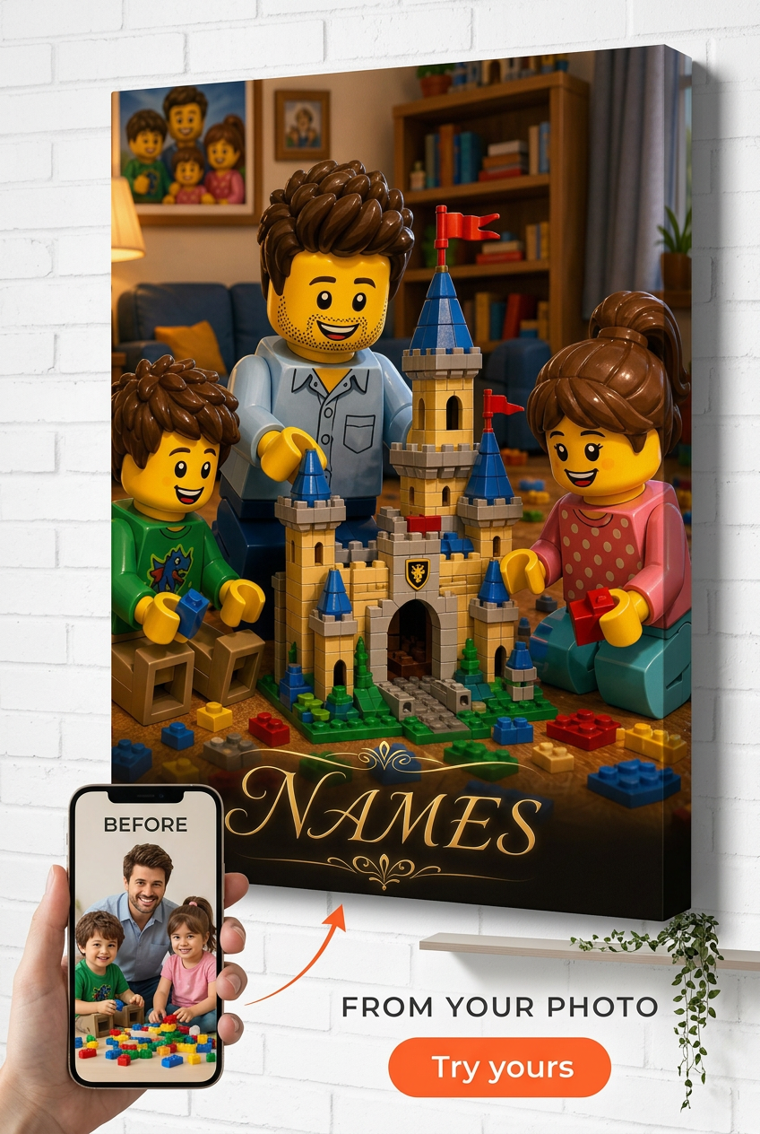 Custom Brick Minifigure Dad and Kids Portrait from Photo | Personalized Gift