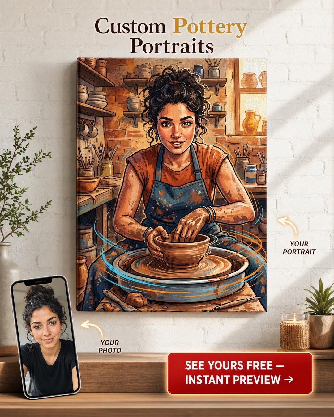 Custom Cartoon Woman Portrait — Whimsical Potter Art Canvas