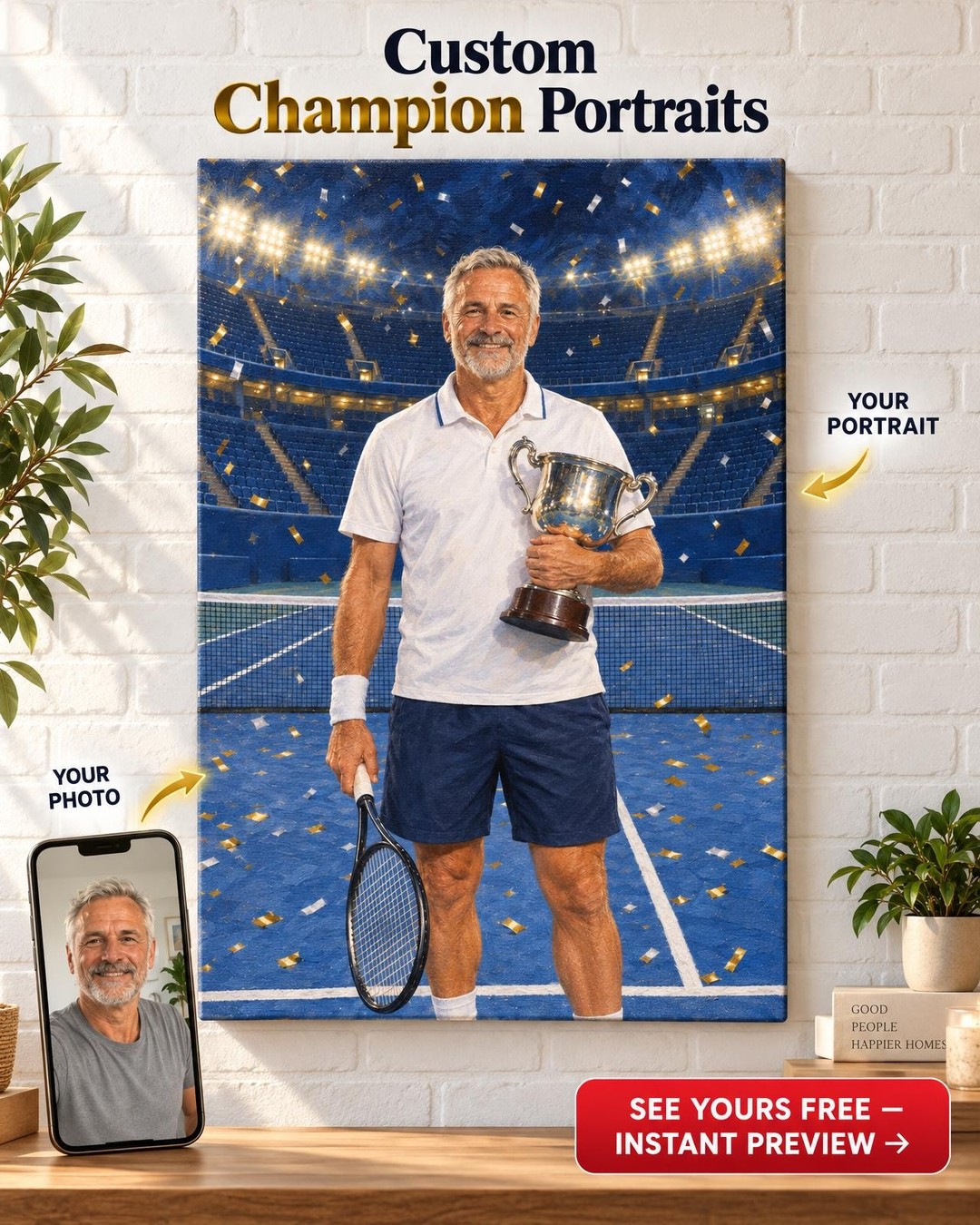 Tennis Champion Custom Portrait from Photo | Personalized Gift for Him